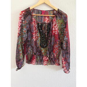 Sunny Leigh Blouse Womens Petite S Multicolor Paisley Sheer Beaded V-Neck